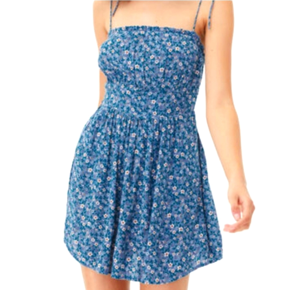 Sun dress blue with white and pink flowers